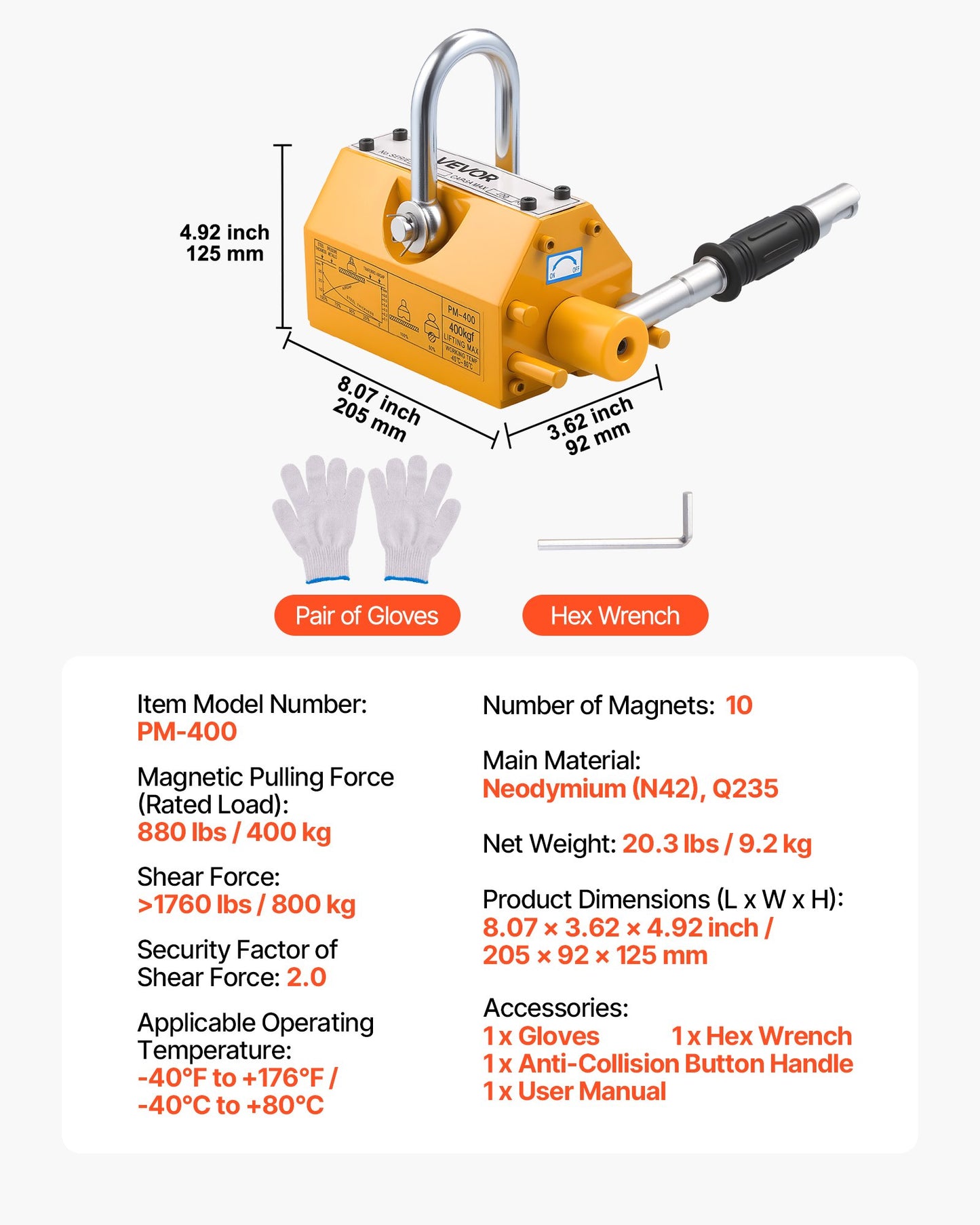 Permanent Magnetic Lifter, 400 kg Pulling Capacity, Heavy Duty N42 Neodymium Lifting Magnet with Release Handle and Steel Hook, Used in Shop Crane and Hoist, for Lifting Plate Steel, Board