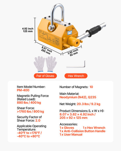 Permanent Magnetic Lifter, 400 kg Pulling Capacity, Heavy Duty N42 Neodymium Lifting Magnet with Release Handle and Steel Hook, Used in Shop Crane and Hoist, for Lifting Plate Steel, Board