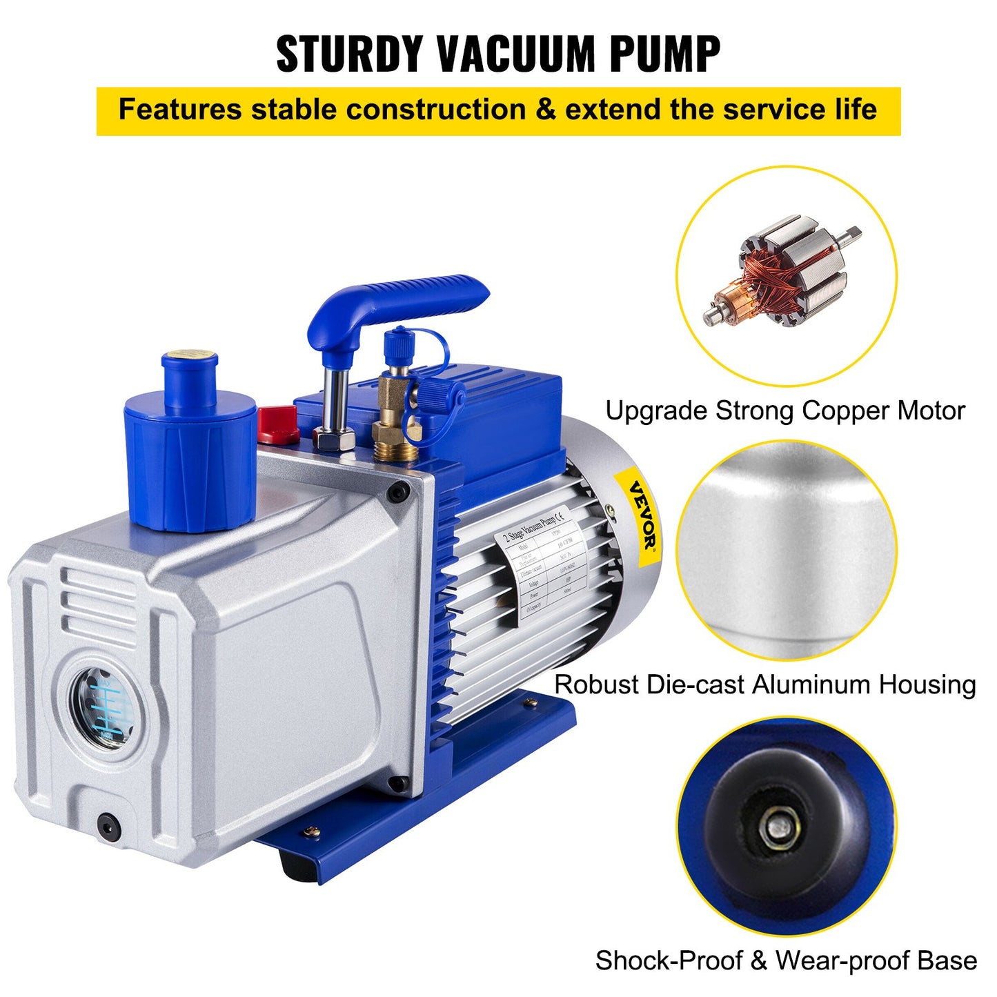 Vacuum Pump 717 L/min(12CFM) 746W(1HP) Vane Vacuum Pump Two Stage 3 x 10⁻¹ Pa Ultimate HVAC Rotary Auto AC Refrigerant Vacuum Pump, for Automobile Reparation Vacuum Evacuation