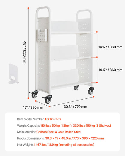 Rullande biblioteksbokvagn, 150 kg kapacitet, 77 x 38 x 122 cm biblioteksvagn, enkelsidiga V-formade hyllor med 76,2 mm låsbara hjul, bokvagn för hemhyllor, kontor och skola, vit