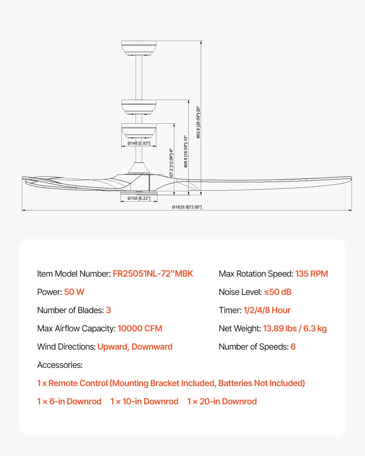 72-tums takfläkt utan belysning, 6-växlad fjärrkontroll, 3 träblad, vändbar likströmsmotor, modern lågprofilsfläkt för infälld montering för sovrum, vardagsrum, uteplats, inomhus/utomhus, svart