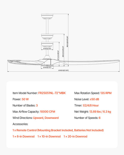72-tums takfläkt utan belysning, 6-växlad fjärrkontroll, 3 träblad, vändbar likströmsmotor, modern lågprofilsfläkt för infälld montering för sovrum, vardagsrum, uteplats, inomhus/utomhus, svart