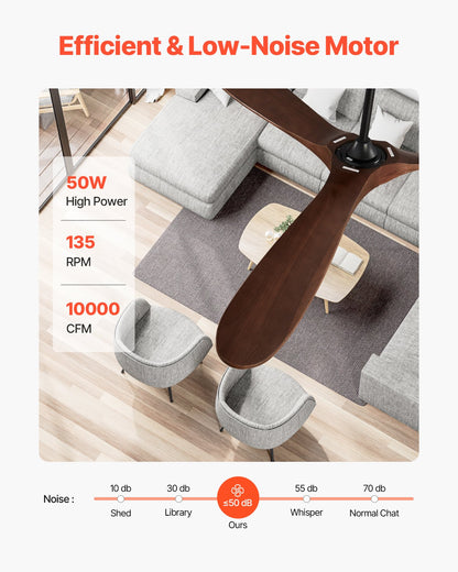 72 Inch Ceiling Fan without Light, 6-Speed Remote Control, 3-Wood-Blade, Reversible DC Motor, Modern Low Profile Flush Mount Exterior Fan for Bedroom, Living Room, Patio, Indoor/Outdoor, Walnut