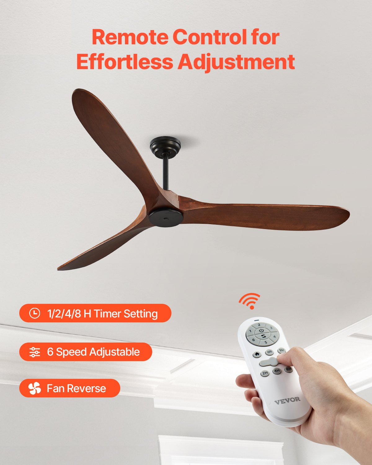 72 Inch Ceiling Fan without Light, 6-Speed Remote Control, 3-Wood-Blade, Reversible DC Motor, Modern Low Profile Flush Mount Exterior Fan for Bedroom, Living Room, Patio, Indoor/Outdoor, Walnut