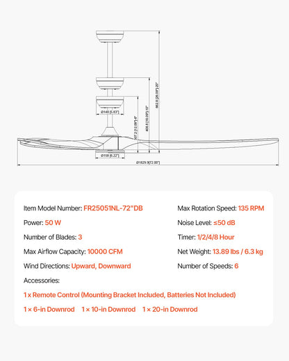 72 Inch Ceiling Fan without Light, 6-Speed Remote Control, 3-Wood-Blade, Reversible DC Motor, Modern Low Profile Flush Mount Exterior Fan for Bedroom, Living Room, Patio, Indoor/Outdoor, Walnut
