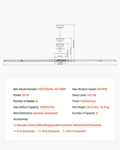 213 cm takfläkt utan ljus, 6-växlad fjärrkontroll, aluminium med 8 blad, reversibel likströmsmotor, modern lågprofilsfläkt för infälld montering för sovrum, vardagsrum, uteplats, inomhus/utomhus, svart