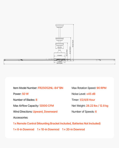 213 cm takfläkt utan ljus, 6-växlad fjärrkontroll, aluminium med 8 blad, reversibel likströmsmotor, modern lågprofilsfläkt för infälld montering för sovrum, vardagsrum, uteplats, inomhus/utomhus, borstad nickel