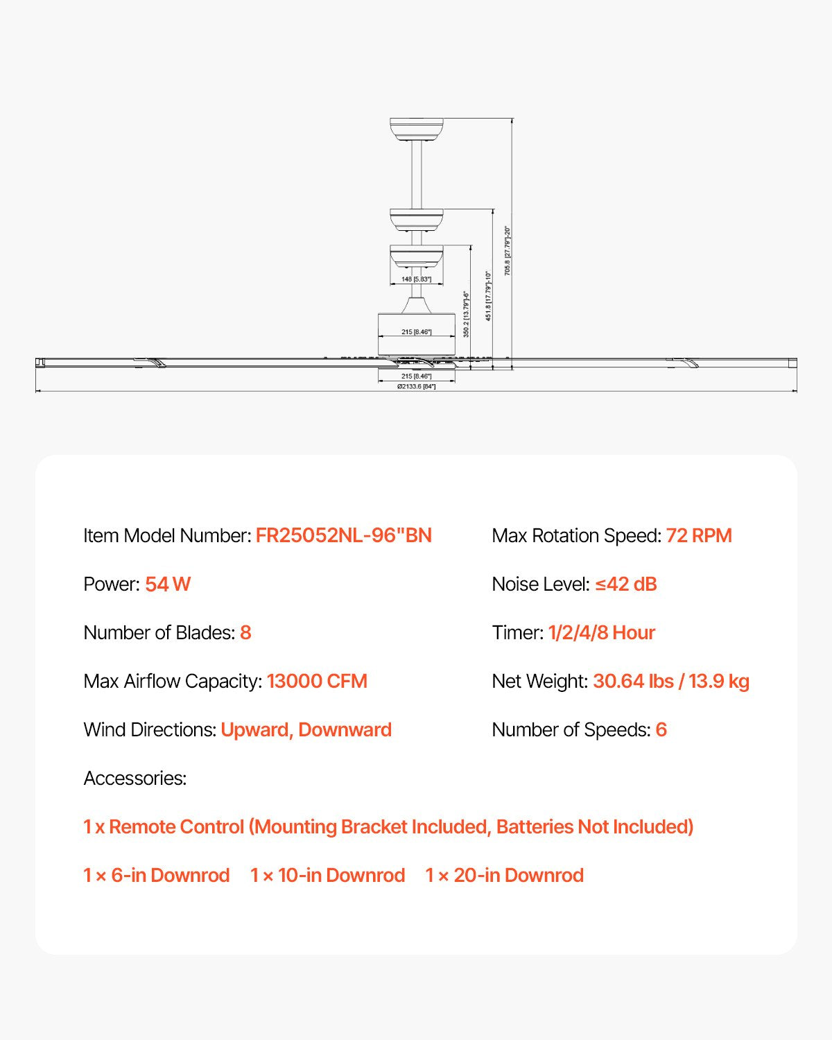 244 cm takfläkt utan ljus, 6-växlad fjärrkontroll, aluminium med 8 blad, reversibel likströmsmotor, modern lågprofilsfläkt för infälld montering för sovrum, vardagsrum, uteplats, inomhus/utomhus, borstad nickel
