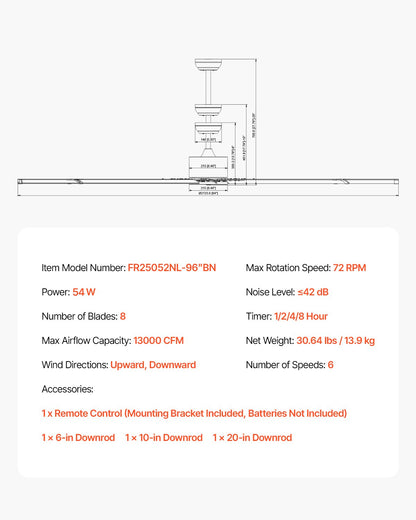 244 cm takfläkt utan ljus, 6-växlad fjärrkontroll, aluminium med 8 blad, reversibel likströmsmotor, modern lågprofilsfläkt för infälld montering för sovrum, vardagsrum, uteplats, inomhus/utomhus, borstad nickel