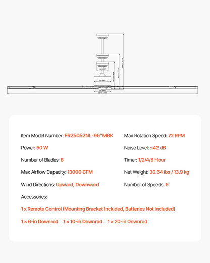 244 cm Ceiling Fan No Light, 6-Speed Remote Control, Aluminum 8-Blade, Reversible DC Motor, Modern Low Profile Flush Mount Exterior Fan for Bedroom, Living Room, Patio, Indoor/Outdoor, Black