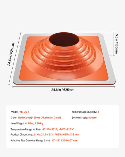 Roof Pipe Flashing Boot, Fit Pipe OD 10" to 18", Flexible Silicone Roofing Jack Pipe Flashing, High Temp -101℉ to 437℉, Endurable Square Metal Base, for Chimney, Wood Stove & Outdoor Vent Pipes