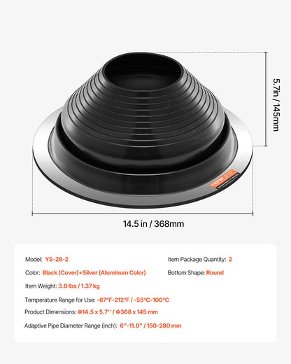 2 Pcs Roof Pipe Flashing Boots, Fit Pipe OD 6" to 11", Flexible EDPM Roofing Jack Pipe Flashing, High Temp -67℉ to 212℉, Endurable Round Metal Base, for Chimney, Wood Stove & Outdoor Vent Pipes