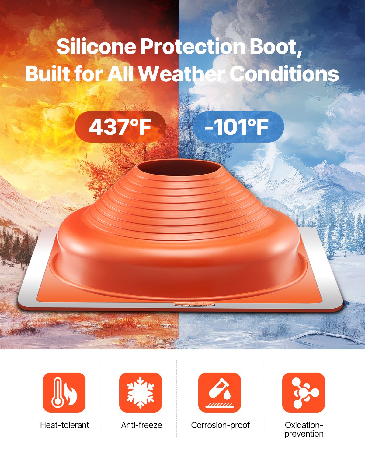 2Pcs Roof Pipe Flashing Boots, Fit Pipe OD 6-3/4" to 14", Flexible Silicone Roofing Jack Pipe Flashing, High Temp -101℉ to 437℉, Square Metal Base, for Chimney, Wood Stove & Outdoor Vent Pipes