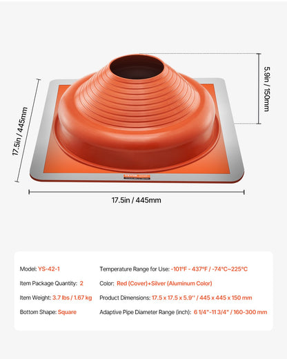 2 PCs Roof Pipe Flashing Boots, Fit Pipe OD 6-1/4" - 11-3/4", Flexible Silicone Roofing Jack Pipe Flashing, High Temp -101℉ - 437℉, Square Metal Base, for Chimney, Wood Stove & Outdoor Vent Pipe