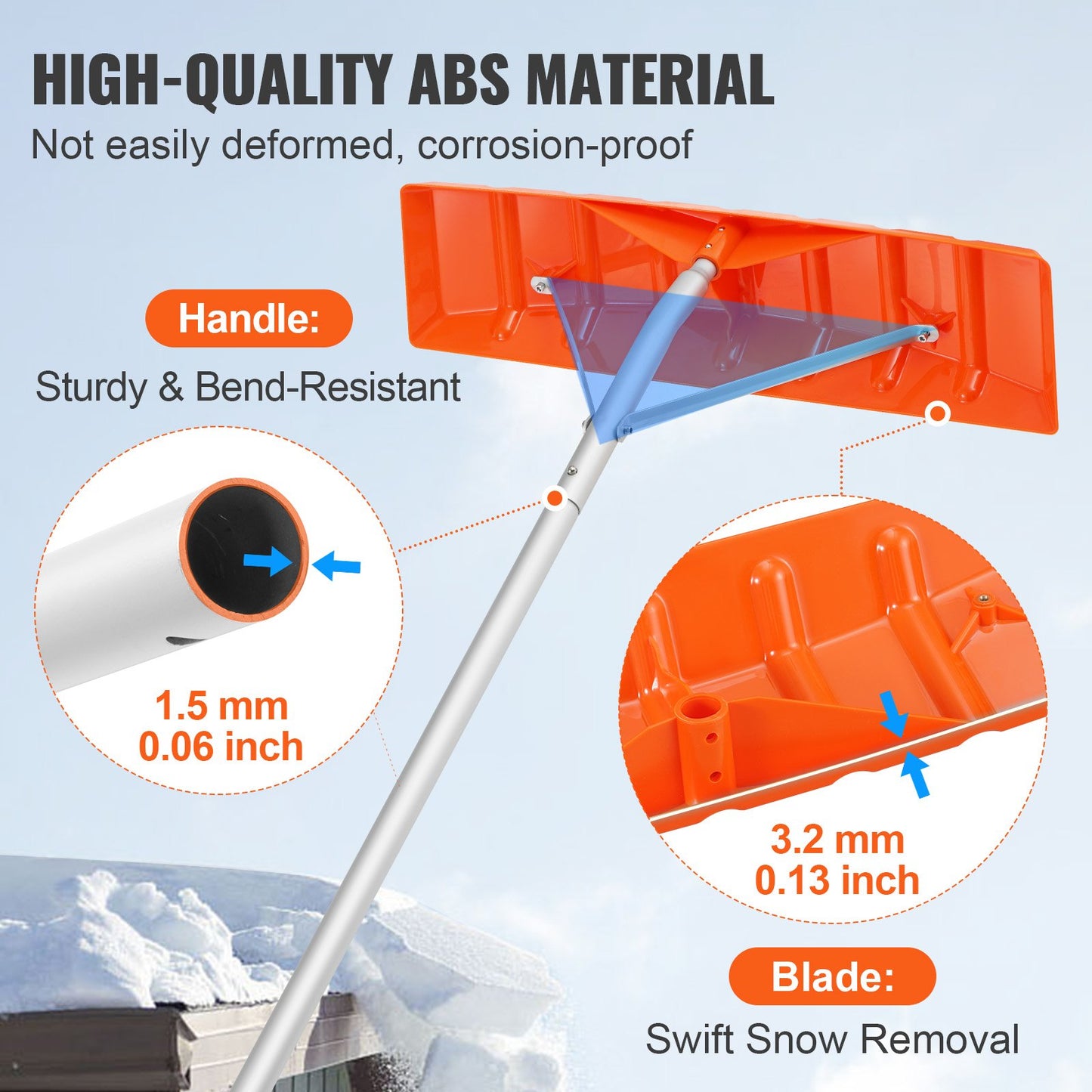 Snow Roof Rake, 63.5 cm Plastic Blade Snow Removal Tool, 640.1 cm Reach Aluminium Handle, Superior Roof Shovel with Anti-Slip Handle Grip, Easy to Setup & Use for House Roof, Car Snow, Wet Leaves