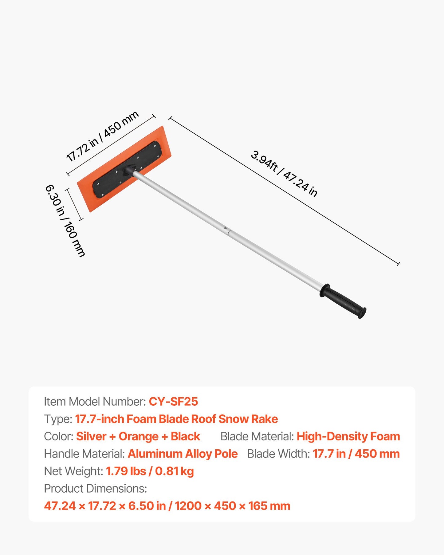 Snötakskrapa, 1,2 m lång snöskrapa för biltak, 45 cm skumblad för repor, halkfritt handtag, lätt snöborttagningsverktyg för bilgaragetak, lövborttagning och skräpborttagning
