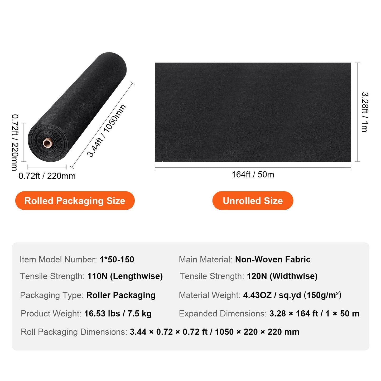 Driveway Fabric, 1 x 50 m Non Woven Geotextile Fabric for Landscaping, Heavy Duty Garden Weed Barrier Fabric, 125.6 g Landscape Fabric, French Drains Drainage Fabric, Ground Cover Weed Control