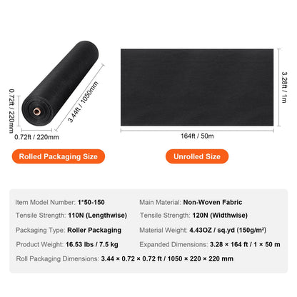 Driveway Fabric, 1 x 50 m Non Woven Geotextile Fabric for Landscaping, Heavy Duty Garden Weed Barrier Fabric, 125.6 g Landscape Fabric, French Drains Drainage Fabric, Ground Cover Weed Control