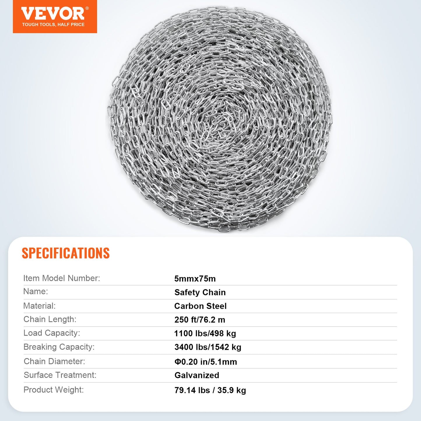 Proof Coil Chain, 3/16" x 250', 1100 lbs Safe Working Load, Zinc Plated Proof Tested Coil Chain with Two Quick Links, Galvanized Carbon Steel Link Chain for Towing, Hanging, Camping, Pet Towing