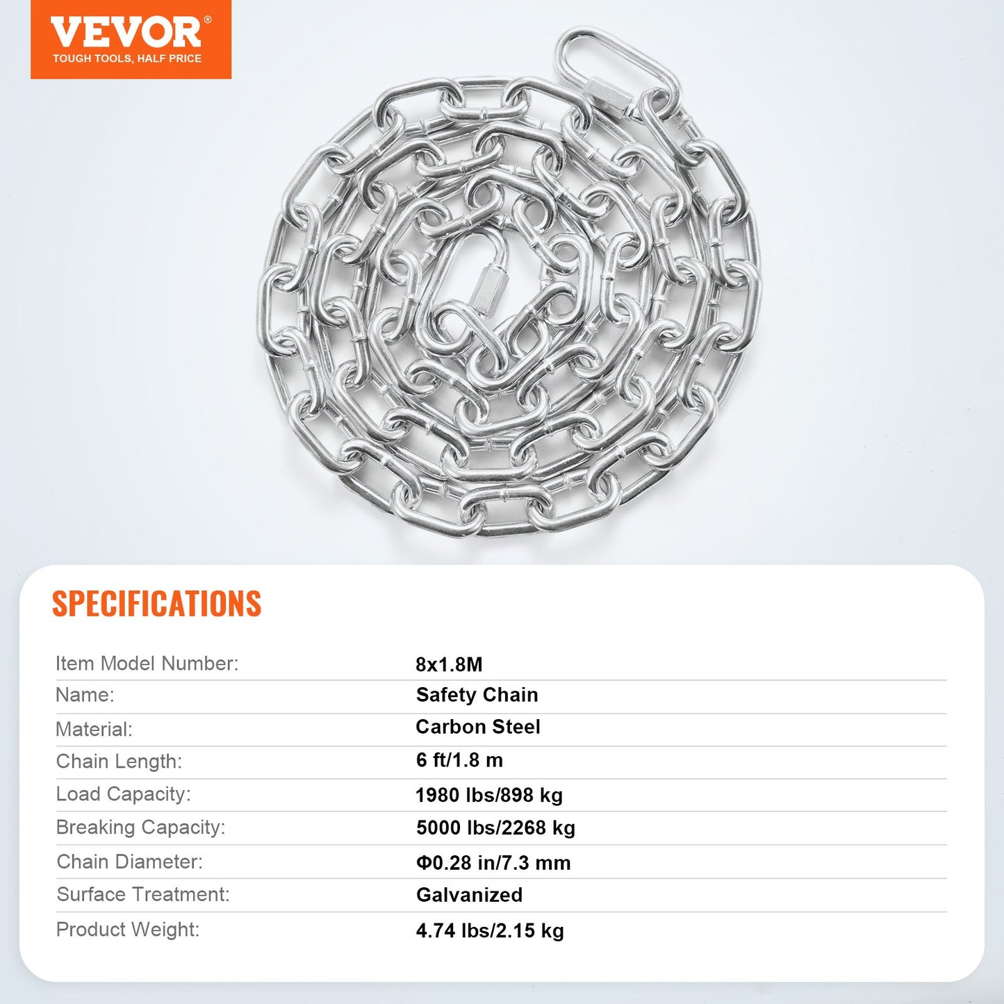 Proof Spiralkedja, 5/16" x 6', 1980 lbs säker arbetsbelastning, förzinkad, testad, provad, spiralkedja med två snabblänkar, galvaniserad kolstålslänkkedja för bogsering, upphängning, camping, husdjursbogsering