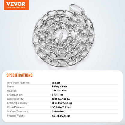 Proof Spiralkedja, 5/16" x 6', 1980 lbs säker arbetsbelastning, förzinkad, testad, provad, spiralkedja med två snabblänkar, galvaniserad kolstålslänkkedja för bogsering, upphängning, camping, husdjursbogsering