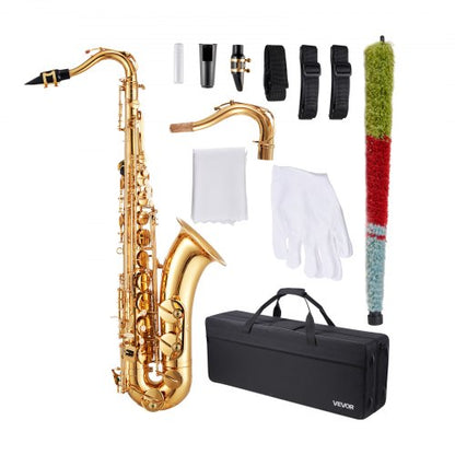 Tenor Saxophone, B Flat, Professional Brass Saxophone Beginner Kit with Carrying Case, Mouthpiece, Straps, Cleaning Cloth, Gloves, Neck Strap, 23 Keys Tenor Sax Kit, for Beginners Students, Gold