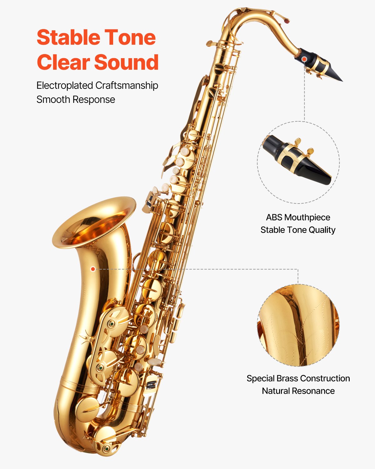 Tenor Saxophone, B Flat, Professional Brass Saxophone Beginner Kit with Carrying Case, Mouthpiece, Straps, Cleaning Cloth, Gloves, Neck Strap, 23 Keys Tenor Sax Kit, for Beginners Students, Gold