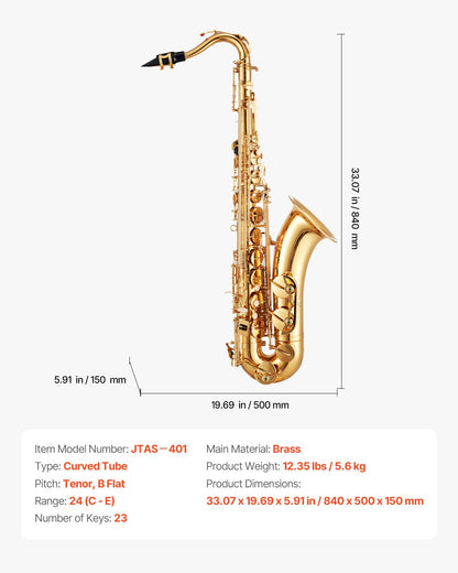 Tenor Saxophone, B Flat, Professional Brass Saxophone Beginner Kit with Carrying Case, Mouthpiece, Straps, Cleaning Cloth, Gloves, Neck Strap, 23 Keys Tenor Sax Kit, for Beginners Students, Gold