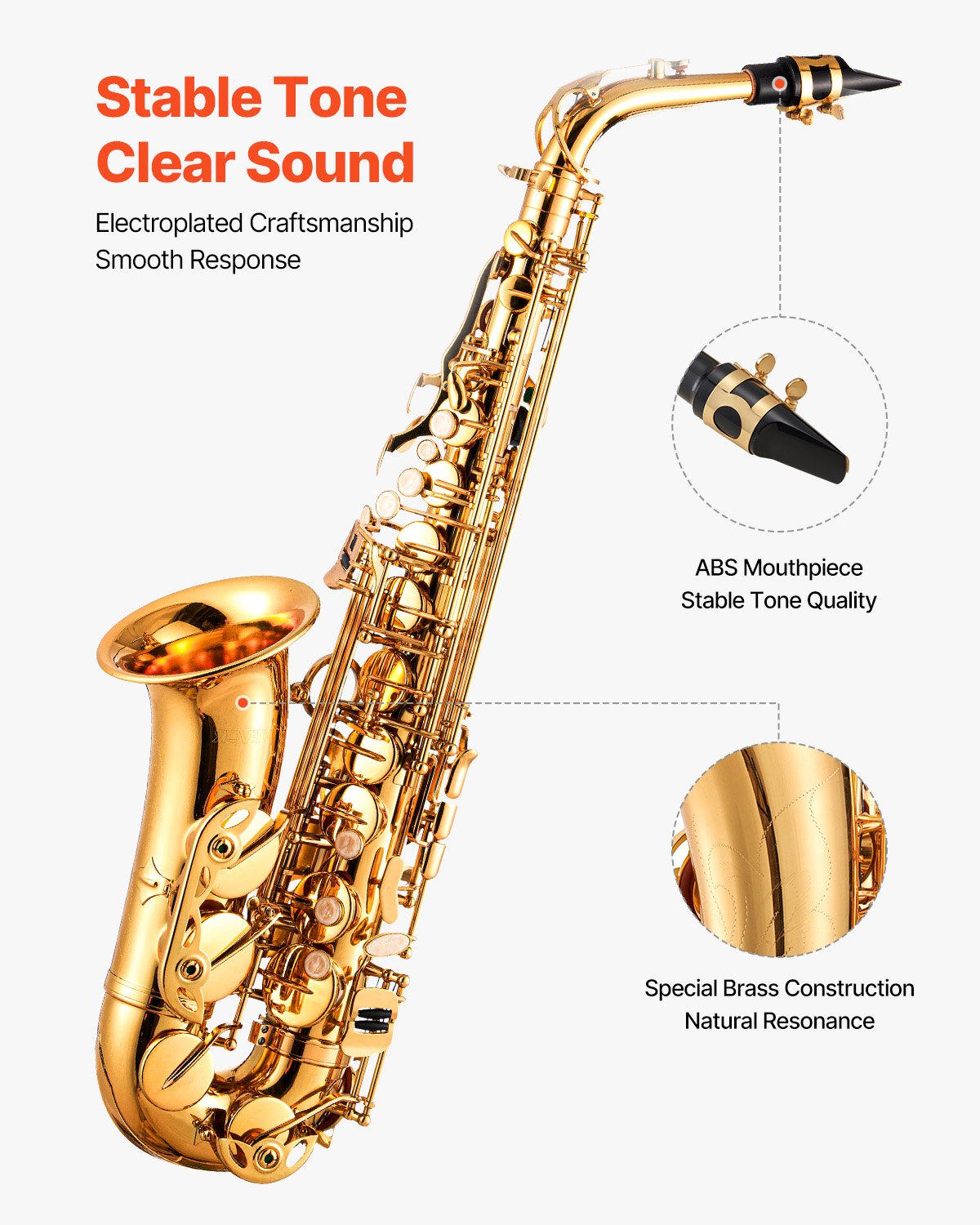 Alto Saxophone, E Flat, Brass Saxophone Beginner Kit with Carrying Case, Mouthpiece, Straps, Cleaning Cloth Rod, Gloves, Grease, Neck Strap, 23 Keys Alto Sax Kit, for Beginners Students, Gold