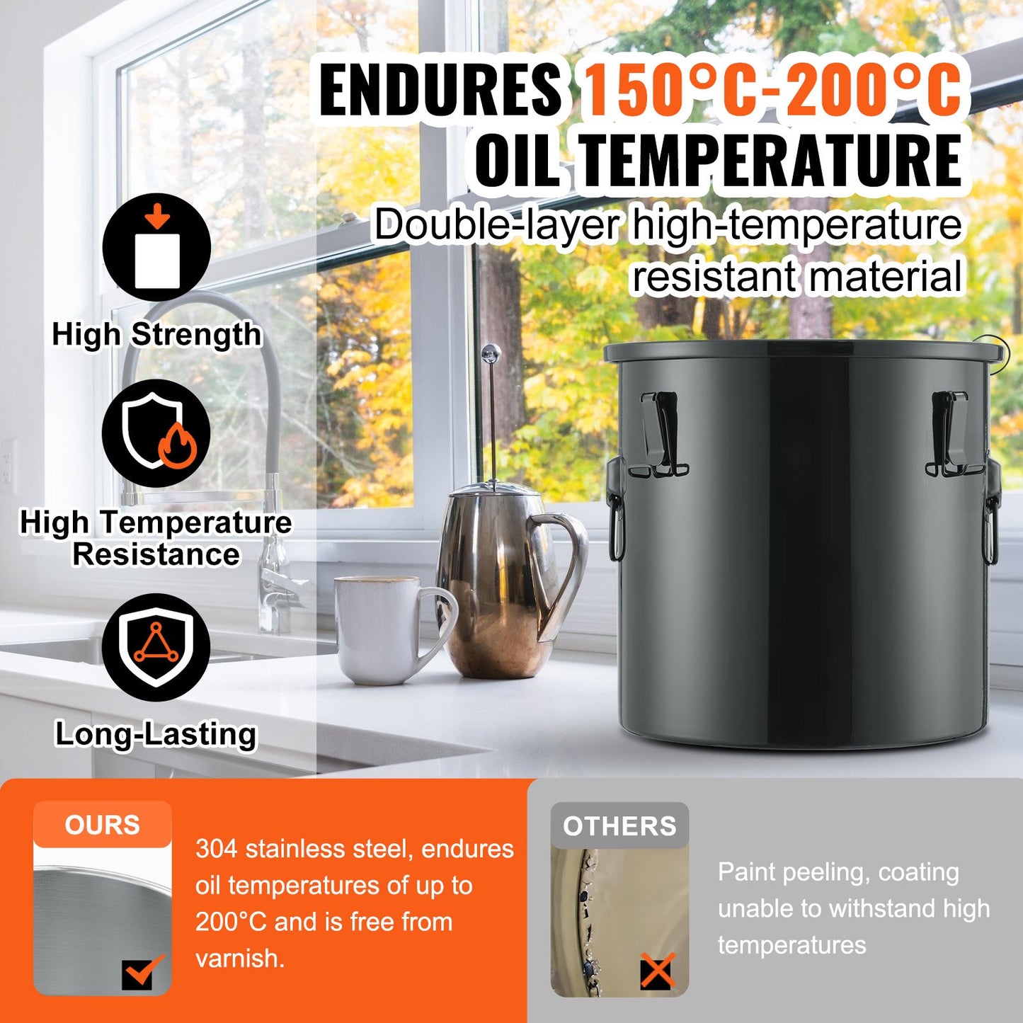 Fryer Grease Bucket, 8 Gal Oil Disposal Caddy Stainless Steel Fryer Oil Bucket Rust-Proof Coating, Oil Transport Container with Lid, Lock Clips, Filter Bag for Hot Cooking Oil Filtering, Black