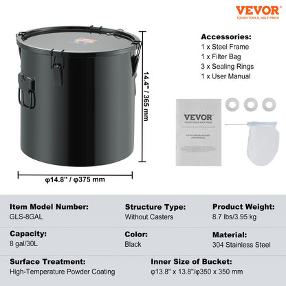 Fryer Grease Bucket, 8 Gal Oil Disposal Caddy Stainless Steel Fryer Oil Bucket Rust-Proof Coating, Oil Transport Container with Lid, Lock Clips, Filter Bag for Hot Cooking Oil Filtering, Black