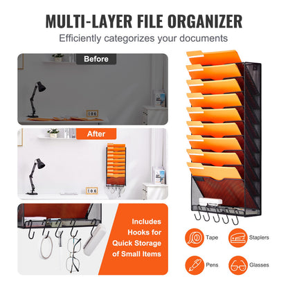 File Wall Rack, One-Piece 10 Pockets Mesh Wall File Holder, Wall Mounted Magazine Mail Paper & Document Storage Folder, Metal Wall File Organizer with Nametag Label, for Office Home & School