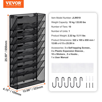 File Wall Rack, One-Piece 10 Pockets Mesh Wall File Holder, Wall Mounted Magazine Mail Paper & Document Storage Folder, Metal Wall File Organizer with Nametag Label, for Office Home & School