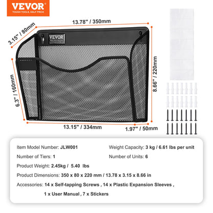 Väggställ för arkivmappar, sexdelat nätmappställ med 1 ficka, väggmonterad förvaringsmapp för tidskrifter, papper och dokument, metallväggmapp med namnetikett, för kontor, hem och skola