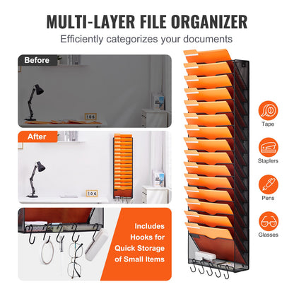 File Wall Rack, One-Piece 16 Pockets Mesh Wall File Holder, Wall Mounted Magazine Mail Paper & Document Storage Folder, Metal Wall File Organizer with Nametag Label, for Office Home & School
