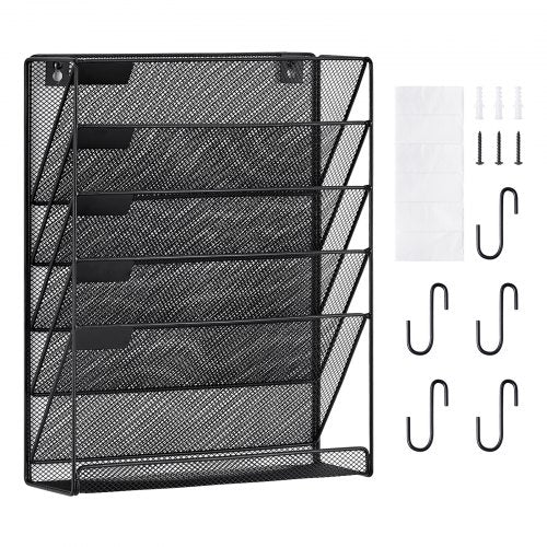 File Wall Rack, One-Piece 6 Pockets Mesh Wall File Holder, Wall Mounted Magazine Mail Paper & Document Storage Folder, Metal Wall File Organizer with Nametag Label, for Office Home & School