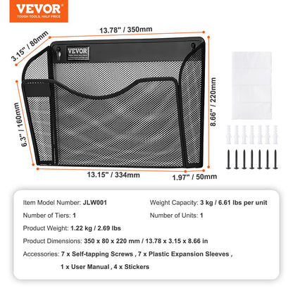 File Wall Rack, Three-Piece 1 Pocket Mesh Wall File Holder, Wall Mounted Magazine Mail Paper & Document Storage Folder, Metal Wall File Organizer with Nametag Label, for Office Home & School
