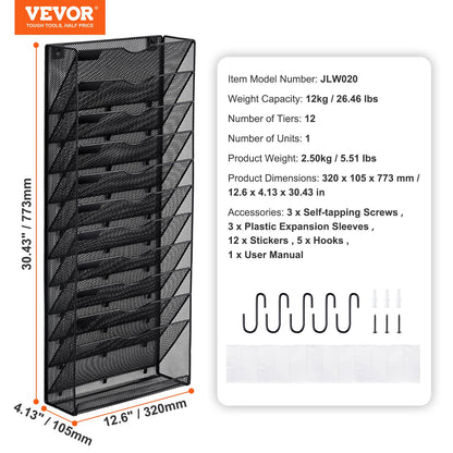 Väggställ för arkivmappar, ett stycke nätmapphållare med 12 fickor, väggmonterad förvaring av tidskrifter, papper och dokument, metallväggmapp med namnetikett, för kontor, hem och skola