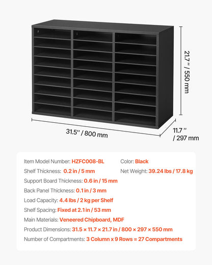 Litteraturorganisatör, 27 fack kontorsbrevlåda med avtagbara hyllor, träbrevlåda sorterare spånskiva kontor hem klassrum förvaring, filsorterare för filer, dokument, papper, svart