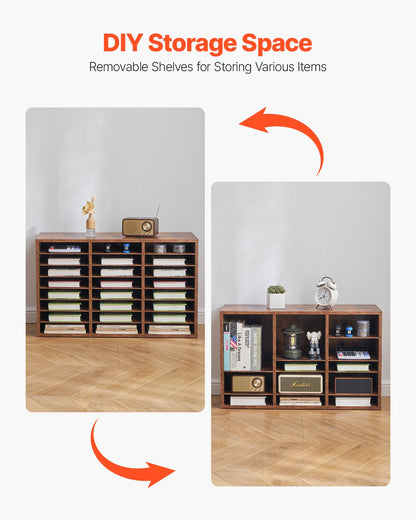 Litteraturorganisatör, 24 fack kontorsbrevlåda med avtagbara hyllor, träbrevlåda sorterare spånskiva kontor hem klassrum förvaring, fil sorterare för dokument, papper, mörkbrun