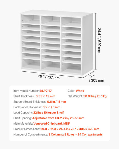 Litteraturorganisatör, kontorsbrevlåda med 24 fack och justerbara hyllor, postlådesorterare i trä, medeltät fiberpapp, kontors- och klassrumsförvaring för filer, dokument, papper, vit