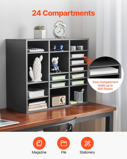 Litteraturorganisatör, kontorsbrevlåda med 24 fack och justerbara hyllor, postlådesorterare i trä, medeltät fiberpapp, kontors- och klassrumsförvaring för filer, dokument, papper, grå
