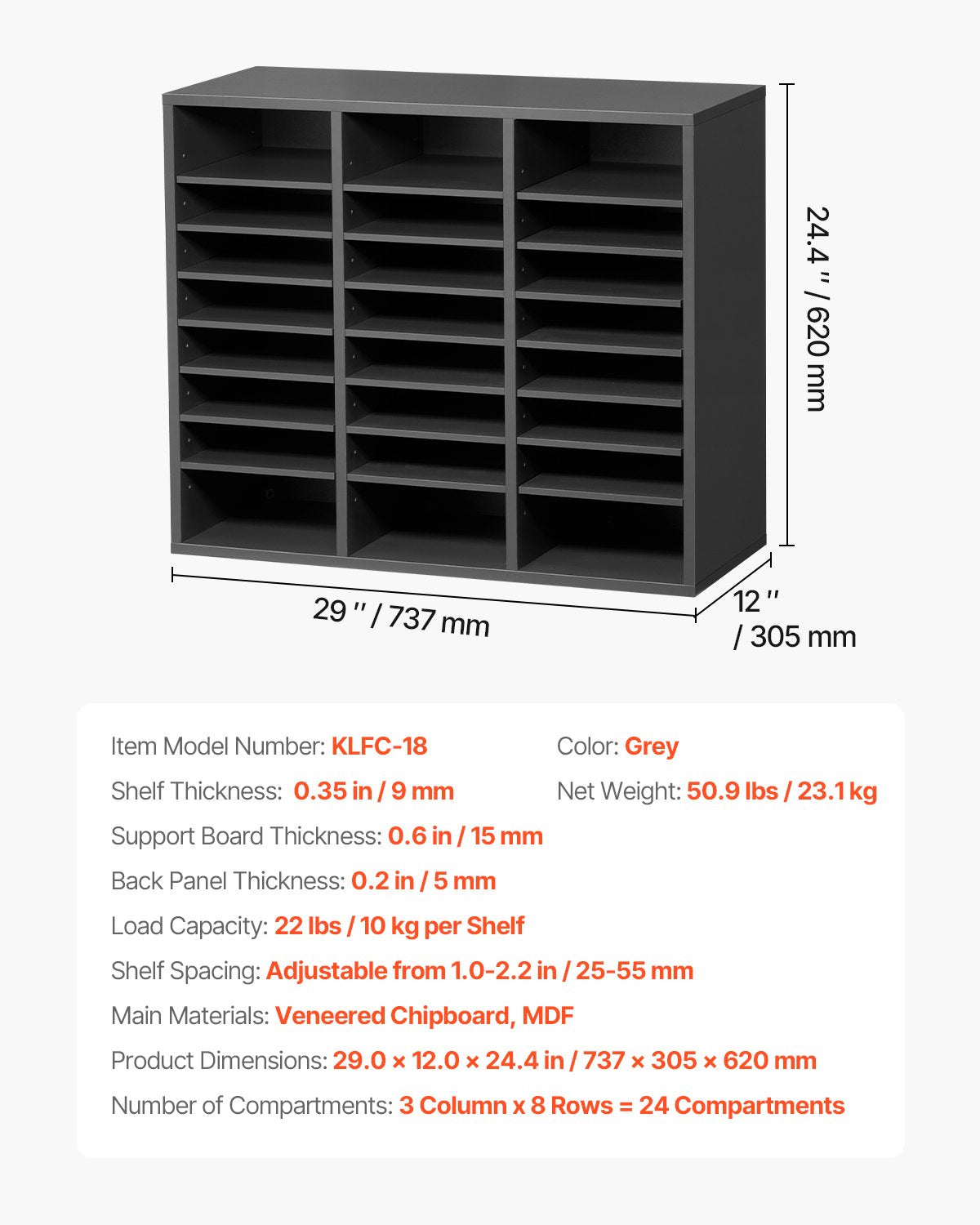 Litteraturorganisatör, kontorsbrevlåda med 24 fack och justerbara hyllor, postlådesorterare i trä, medeltät fiberpapp, kontors- och klassrumsförvaring för filer, dokument, papper, grå
