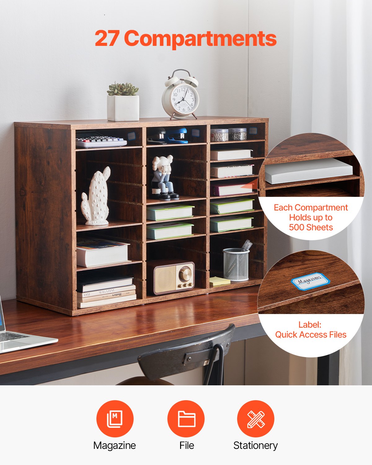 Litteraturorganisatör, 27 fack kontorsbrevlåda med avtagbara hyllor, träbrevlåda sorterare spånskiva kontor hem klassrum förvaring, filsorterare för filer, dokument, papper, mörkbrun