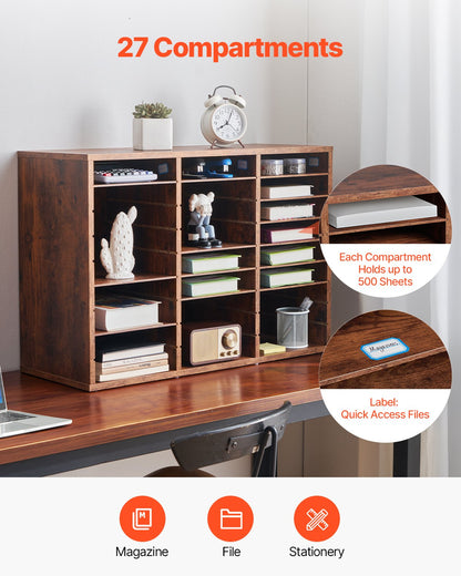 Litteraturorganisatör, 27 fack kontorsbrevlåda med avtagbara hyllor, träbrevlåda sorterare spånskiva kontor hem klassrum förvaring, filsorterare för filer, dokument, papper, mörkbrun
