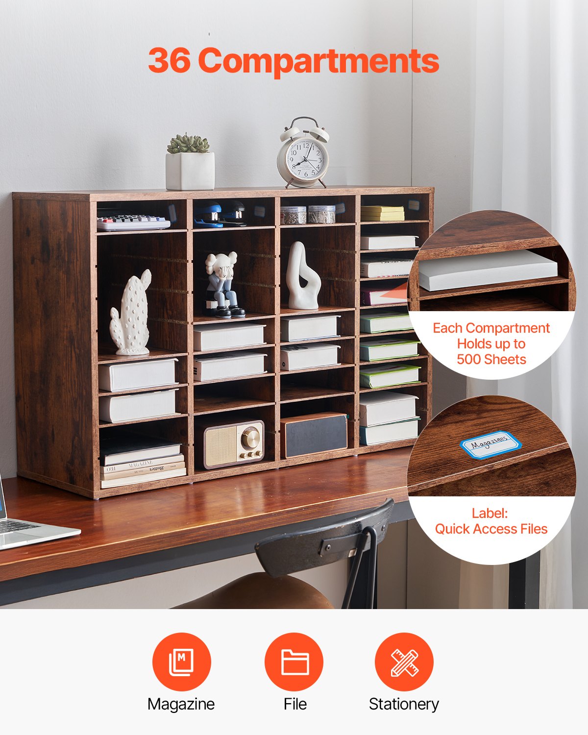 Literature Organizer, 36 Compartments Office Mailbox with Removable Shelves, Wood Mailbox Sorter Particle Board Office Home Classroom Storage, File Sorter for File, Document, Paper, Dark Brown
