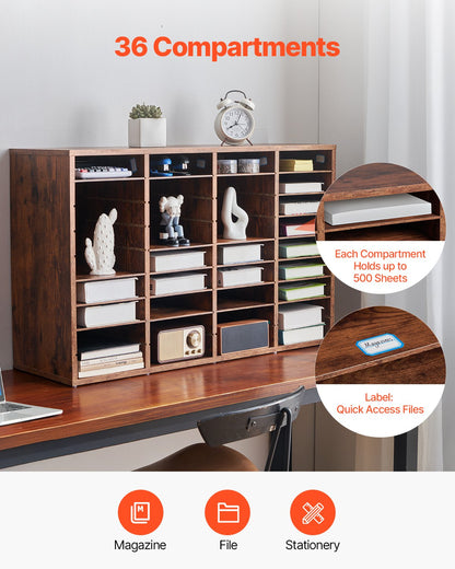 Literature Organizer, 36 Compartments Office Mailbox with Removable Shelves, Wood Mailbox Sorter Particle Board Office Home Classroom Storage, File Sorter for File, Document, Paper, Dark Brown