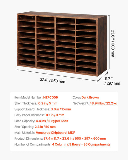 Literature Organizer, 36 Compartments Office Mailbox with Removable Shelves, Wood Mailbox Sorter Particle Board Office Home Classroom Storage, File Sorter for File, Document, Paper, Dark Brown