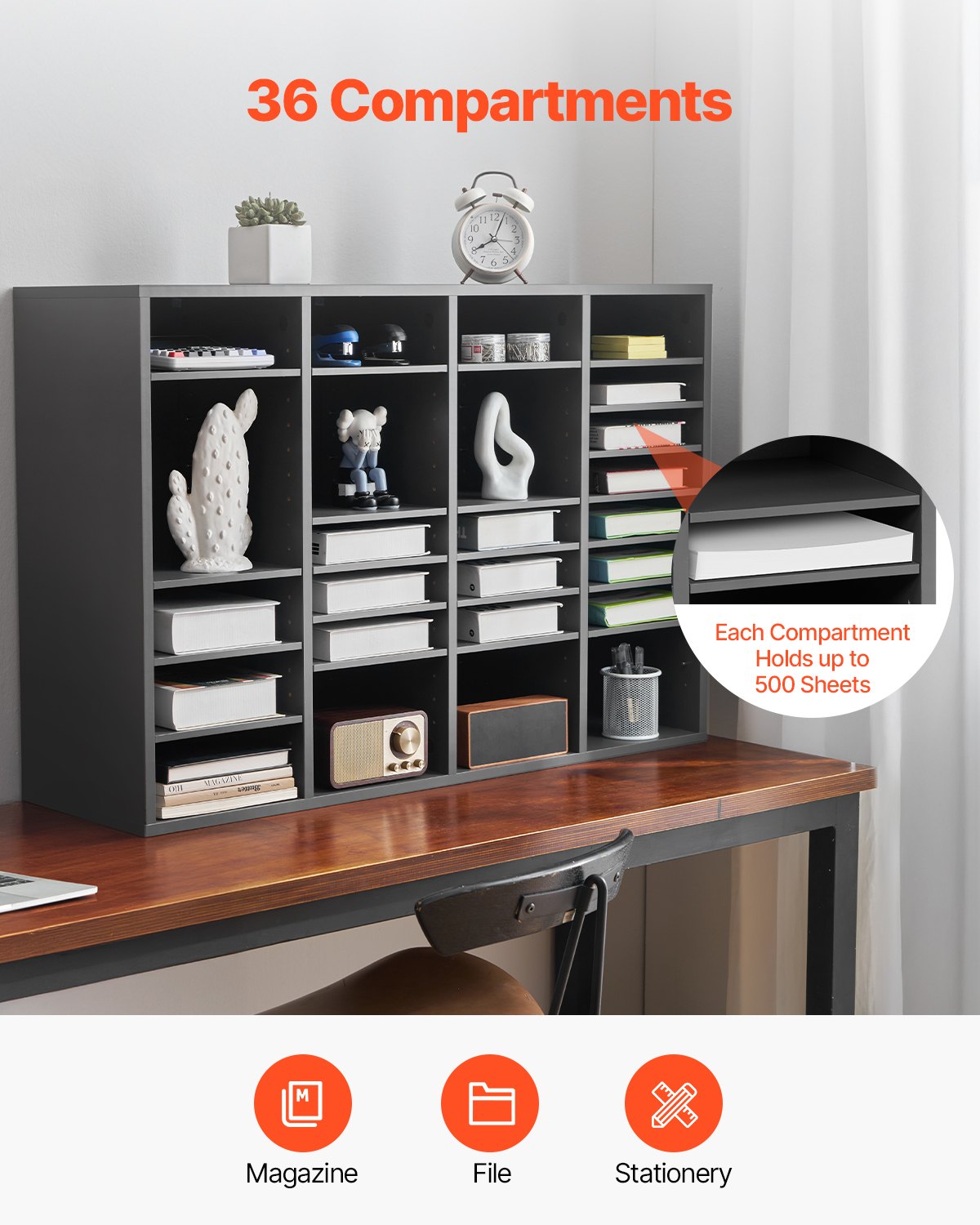 Litteraturorganisatör, 36 fack kontorsbrevlåda med justerbara hyllor, träbrevlåda sorterare med medeldensitetsfiberskiva kontor hem klassrum förvaring för filer, dokument, papper, grå