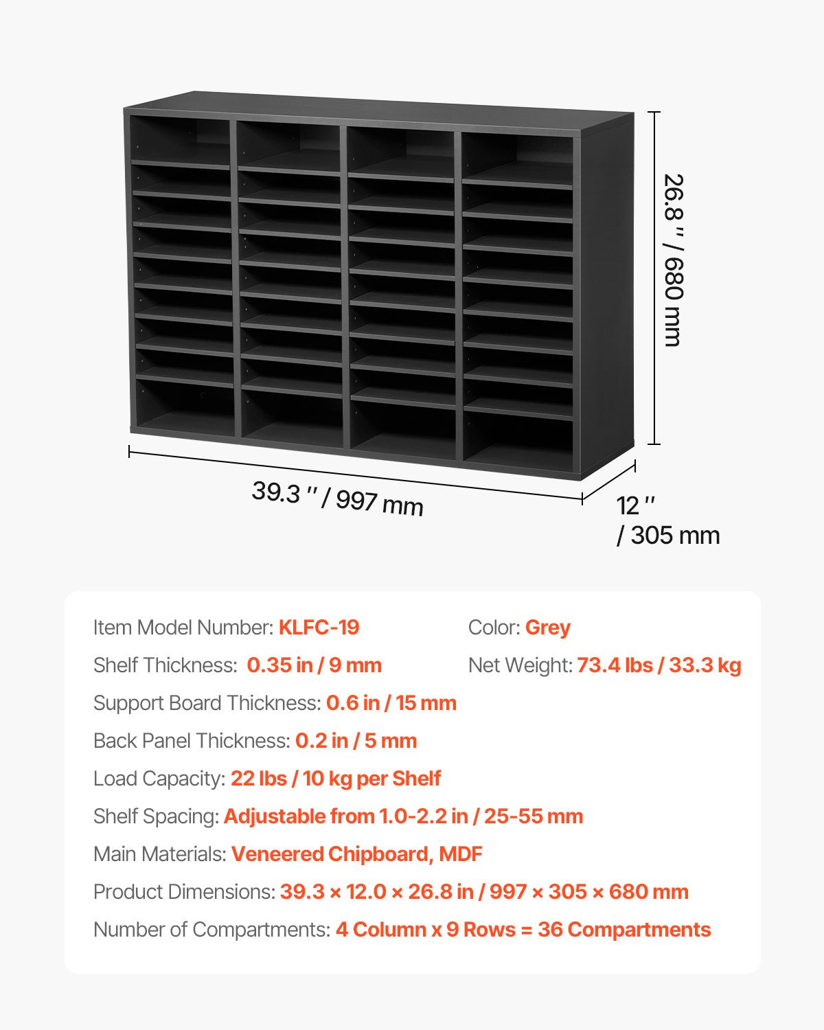 Litteraturorganisatör, 36 fack kontorsbrevlåda med justerbara hyllor, träbrevlåda sorterare med medeldensitetsfiberskiva kontor hem klassrum förvaring för filer, dokument, papper, grå